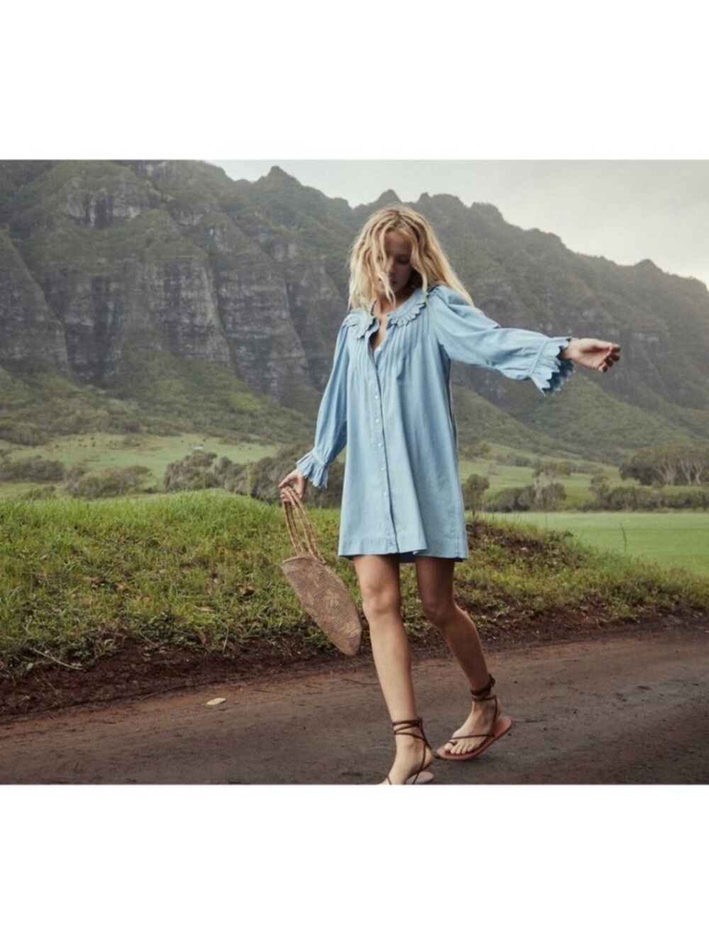 Doen Wing mini shirt dress in Parisian Chambray blue cottage core romantic M - Picture 5 of 16